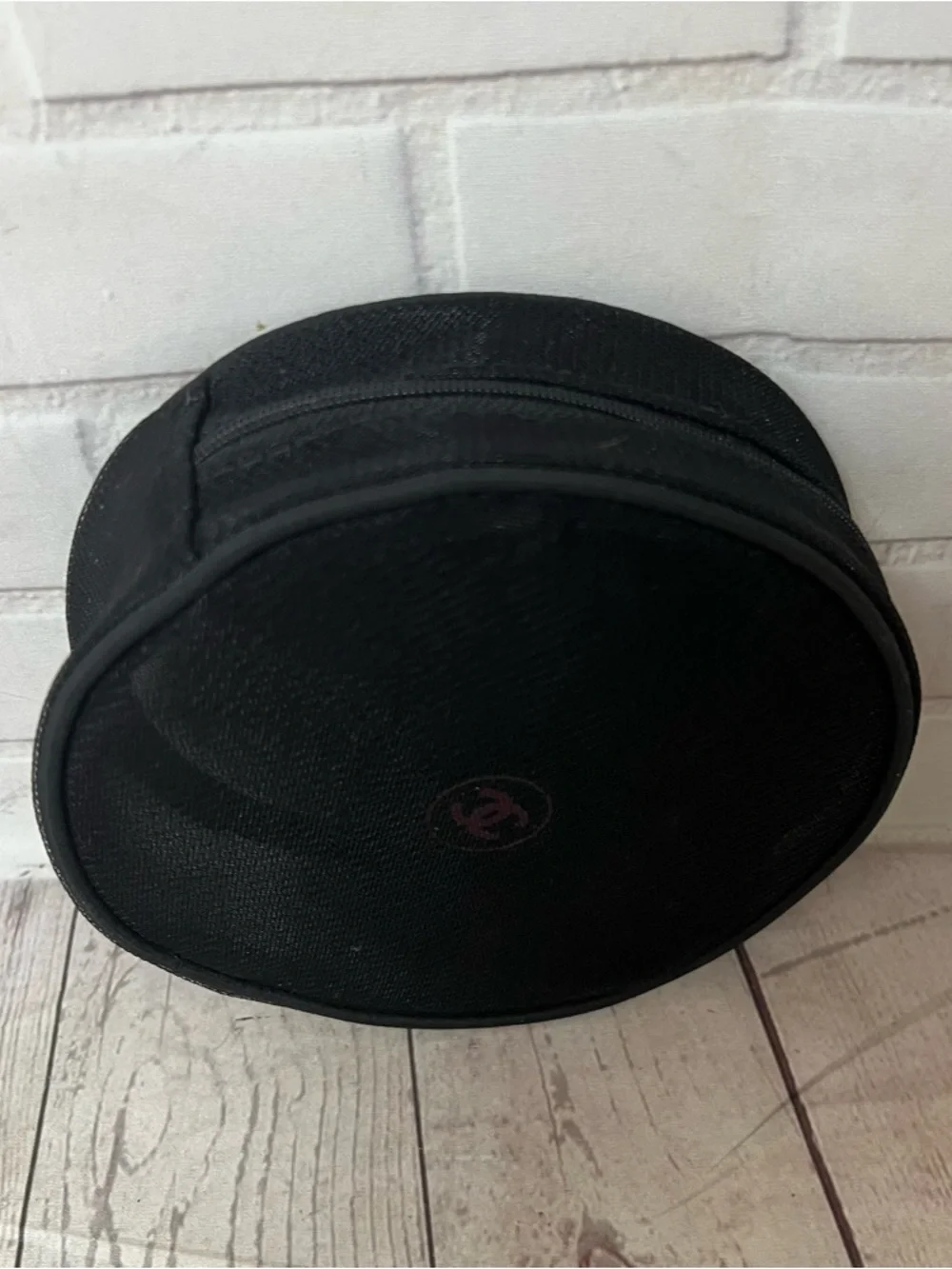 CHANEL Black Round Mesh Cosmetic Zip Bag.
